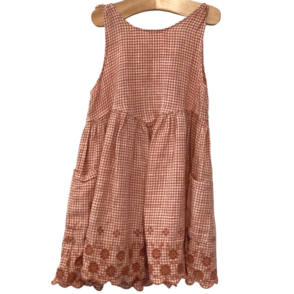 Rylee + Cru Girls Sundress Rust Gingham Eyelet Scalloped Hem Dress - Size 4-5Y